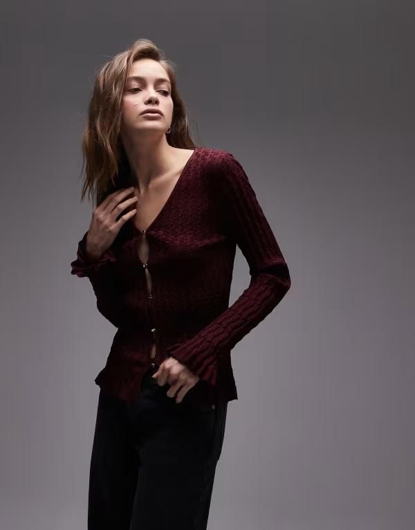 アンドアザーストーリーズ レディース アウター カーディガン リブニット ニット Other Stories honeycomb rib knit cardigan Burgundy バーガンディ