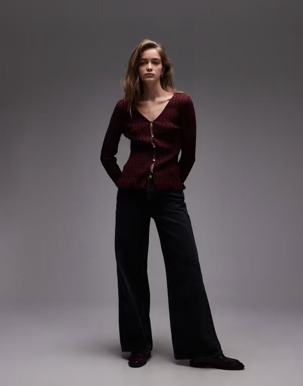 アンドアザーストーリーズ レディース アウター カーディガン リブニット ニット Other Stories honeycomb rib knit cardigan Burgundy バーガンディ