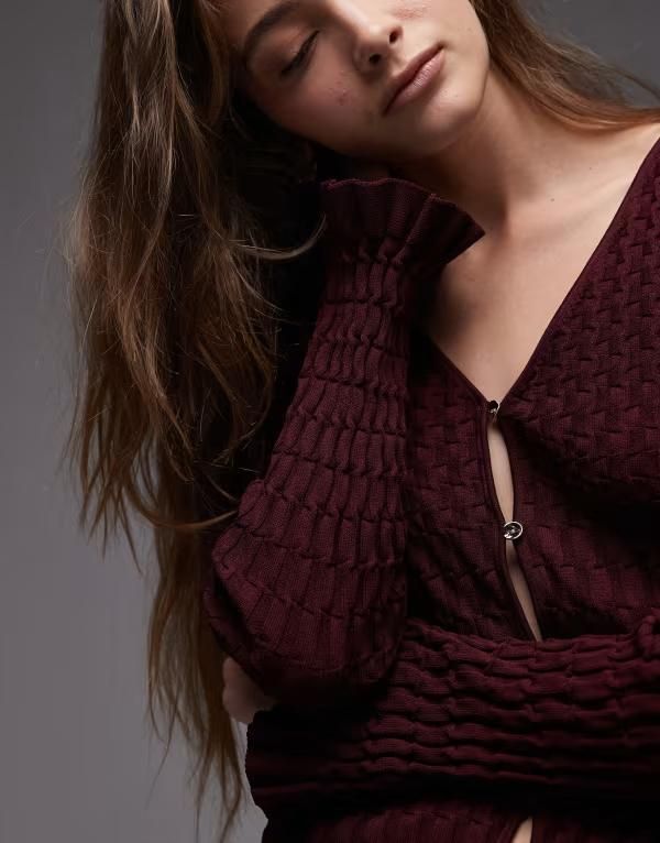 アンドアザーストーリーズ レディース アウター カーディガン リブニット ニット Other Stories honeycomb rib knit cardigan Burgundy バーガンディ