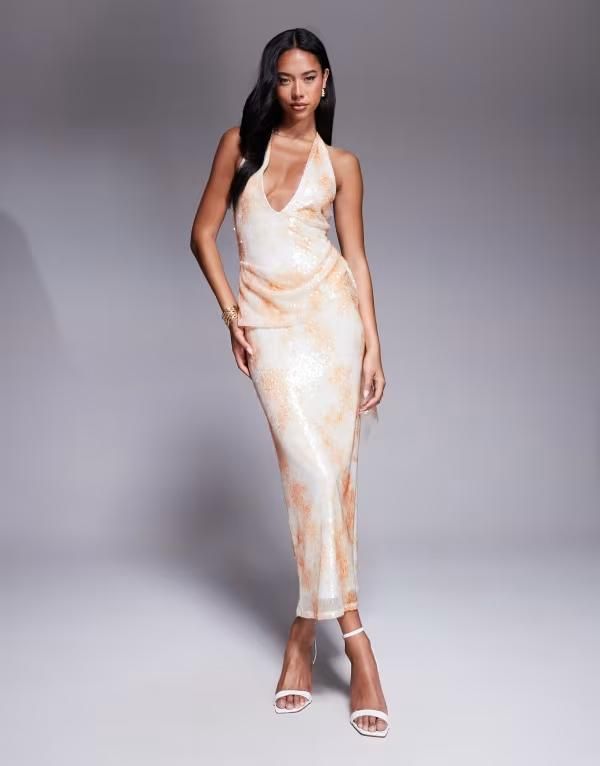 エイソス レディース トップス ワンピース マキシワンピース スパンコール マキシ ホルター ASOS DESIGN crochet sequin halter maxi dress in orangeオレンジ