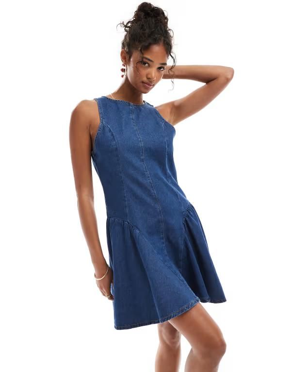 エイソス レディース トップス ワンピース ミニワンピース ミニ デニム ASOS DESIGN denim mini dress with gathered hip panels in mid Blue ブルー