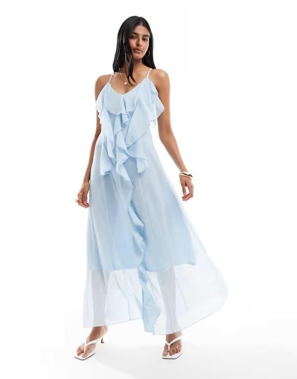ヴェロモーダ レディース トップス ワンピース マキシワンピース フリル マキシ Vero Moda boho ruffle cami maxi dress Skyway ブルー