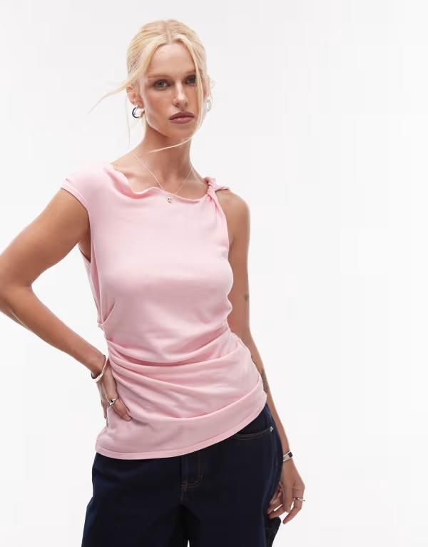 マンゴ レディース トップス Tシャツ アシンメトリー Mango knotted shoulder asymmetric top in pastel Pastel pink ピンク