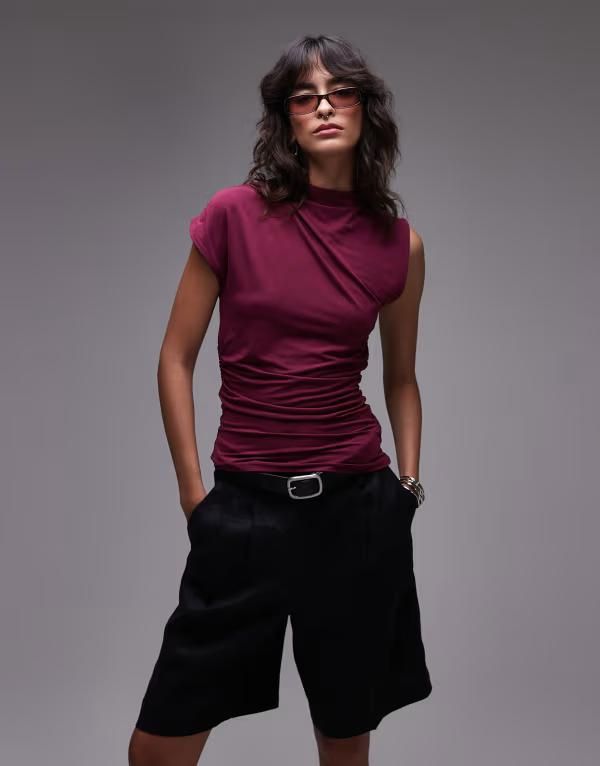 トップショップ レディース トップス タンクトップ アシンメトリー ハイネック ギャザー Topshop high neck asymmetric ruched sides tank top Burgundy バーガンディ