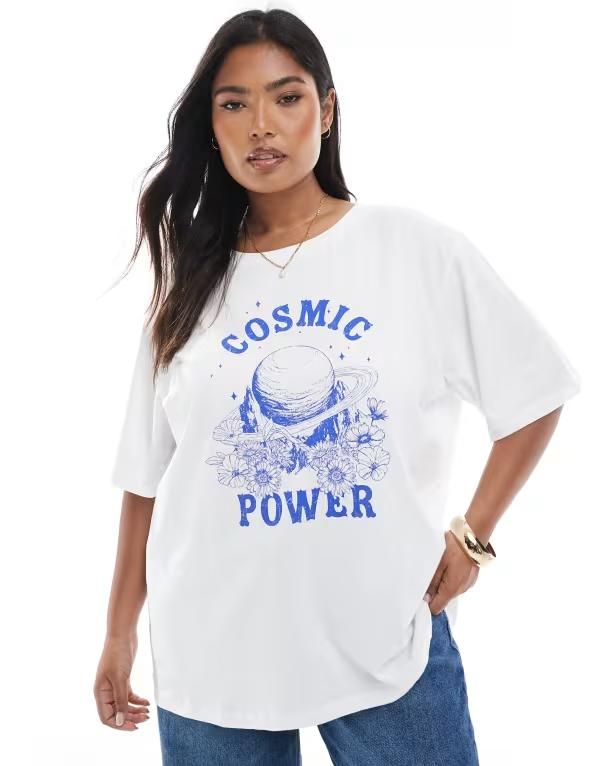 オンリーカーブ レディース トップス Tシャツ プリント グラフィック ONLY Curve cosmic graphic print oversized tshirt WHITE ホワイト