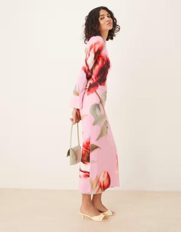 エイソス レディース トップス ワンピース プリント ミディ ASOS DESIGN long angel sleeves midi dress rose print Pink Rose ピンク