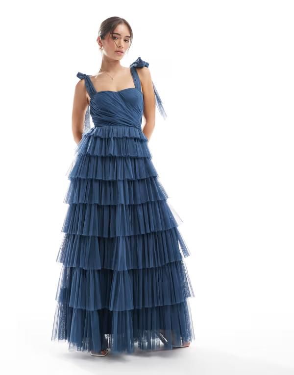 レース アンド ビーズ レディース トップス ワンピース チュール マキシワンピース マキシ Lace Beads Bridesmaid bow shoulders tulle maxi dress in deep Deep Ethereal Blue ブルー