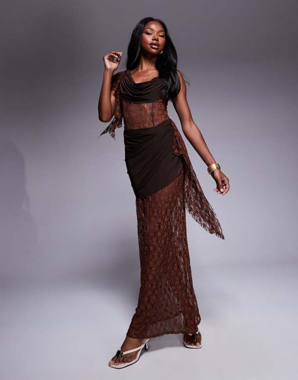 エイソス レディース トップス ワンピース マキシワンピース ドレープ シアー レース マキシ ASOS DESIGN cowl draped maxi dress with sheer and solid lace layering in chocolate