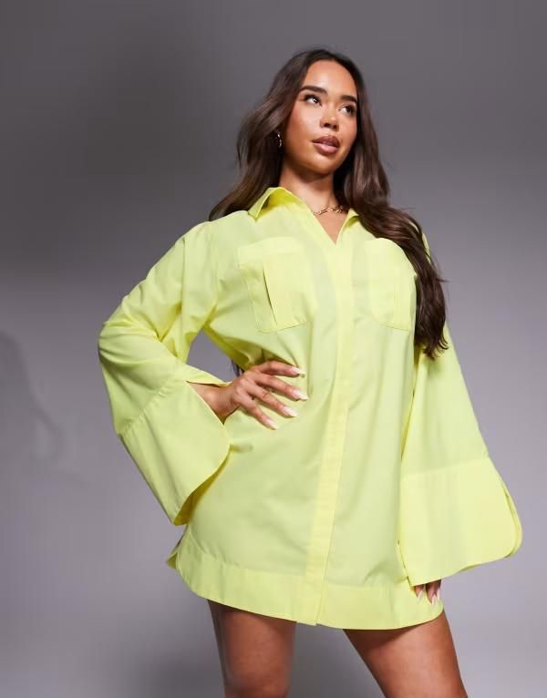 エイソス レディース トップス ワンピース シャツワンピース ミニ シャツ ASOS DESIGN mini shirt dress with wide cuffs and oversized pockets in lemon Lemon