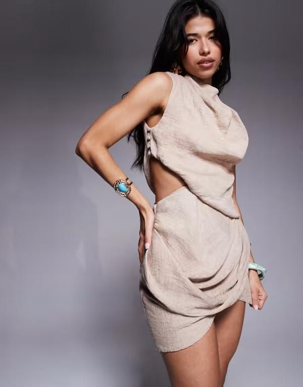 エイソス レディース トップス ワンピース アシンメトリー ミニワンピース ドレープ ミニ ASOS DESIGN asymmetric drape mini dress in mocha Mocha モカ