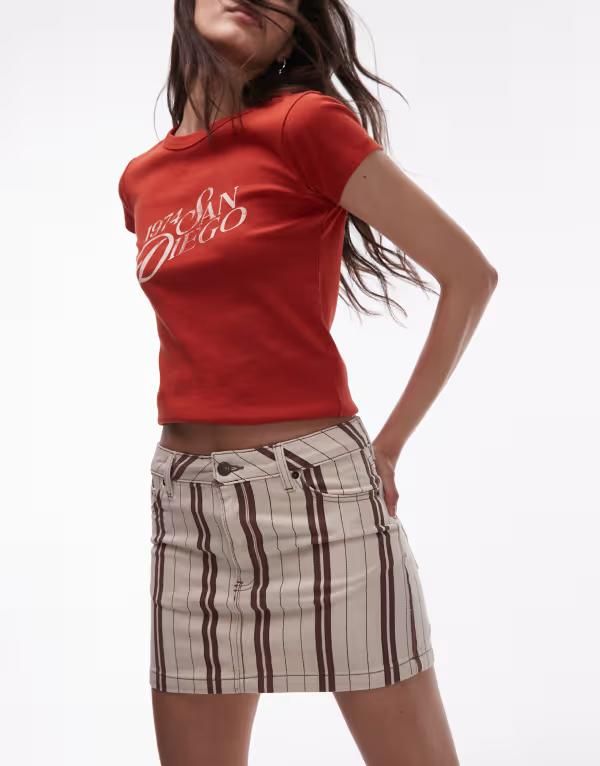 トップショップ レディース ボトムス スカート ミニ デニム Topshop denim pelmet mini skirt stripes Burgundy stripe バーガンディ