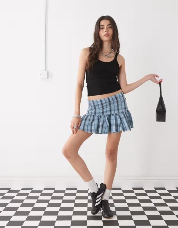 コルージョン レディース ボトムス スカート ミニ COLLUSION dropped waist plaid mini skirt blue ブルー