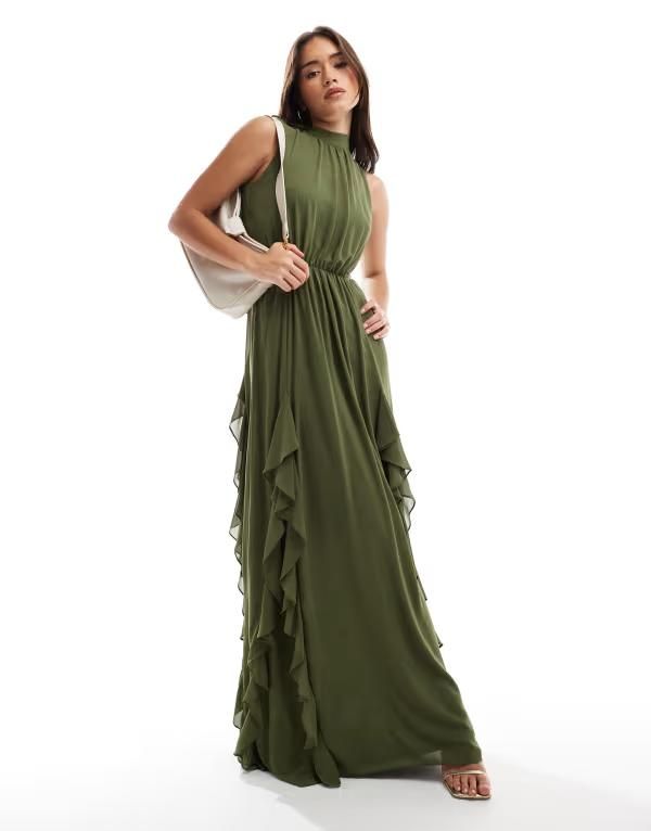 ティエフエヌシー レディース トップス ワンピース オープンバック フリル マキシ TFNC ruffle detail maxi dress with open back and thigh split in soft olive Soft Olive オリ