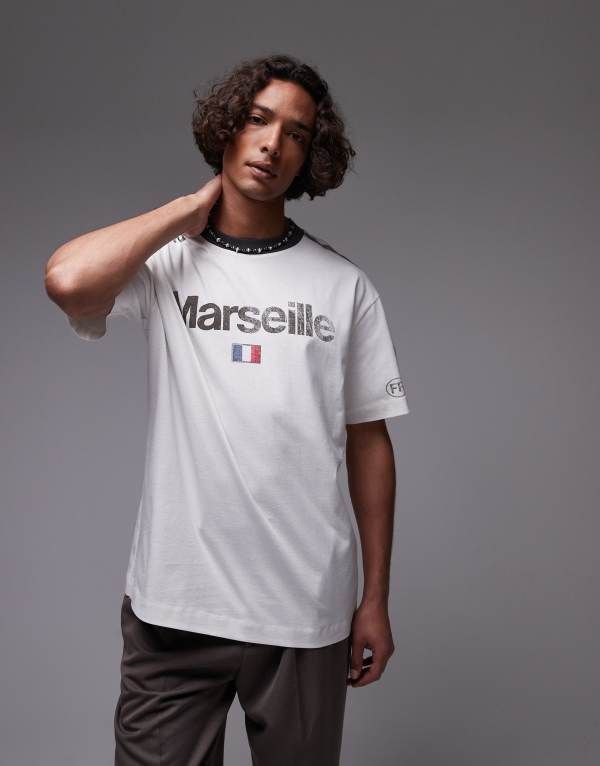 トップマン メンズ トップス Tシャツ オーバーサイズフィット プリント シャツ Topman oversized fit ringer Tshirt with Marseille print WHITE ホワイト