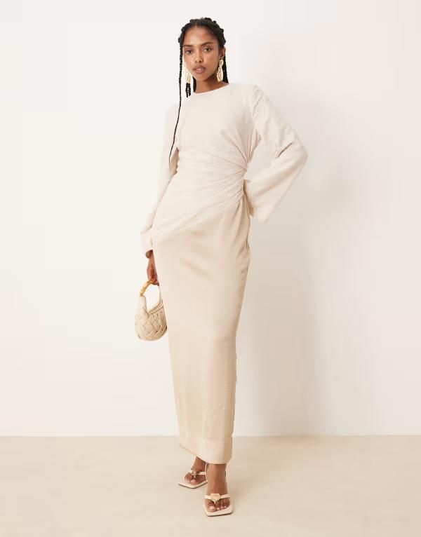エイソス レディース トップス ワンピース マキシワンピース ギャザー マキシ ASOS DESIGN hybrid ruched crinkle maxi dress with flared sleeve in stone Stone ストーン
