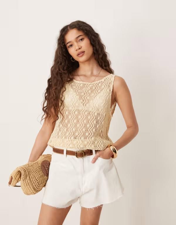 ヴィラ レディース トップス ベスト シアー ノースリーブ VILA sheer zigzag crochet sleeveless top in birch cream BIRCH クリーム