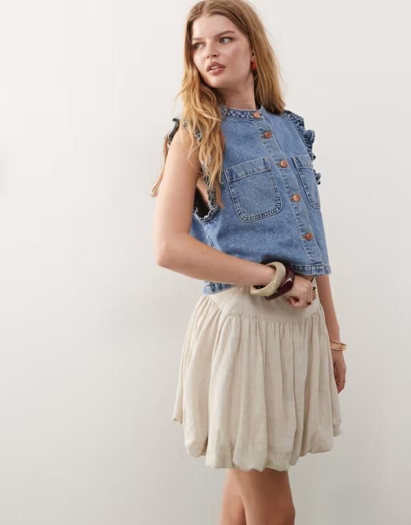 リクレイム ヴィンテージ レディース ボトムス スカート ミニ リネン Reclaimed Vintage mini skirt with bubble hem in linen Linen