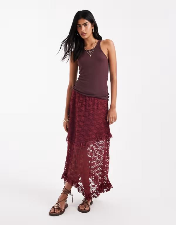 オンリー レディース ボトムス スカート ティアード レース マキシ ONLY tiered lace maxi skirt Burgundy バーガンディ