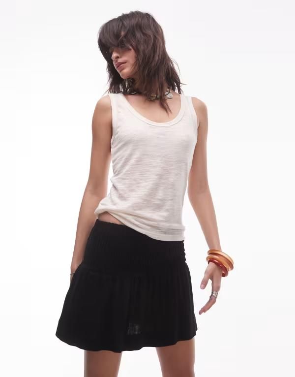 トップショップ レディース ボトムス スカート ギャザー ミニ リネン Topshop linen mini skirt with ruched sides Black ブラック