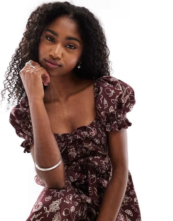 ミスセルフフリッジ レディース トップス ワンピース ミニワンピース プリント ミニ Miss Selfridge shirred bust tie front mini dress holiday print Brown holiday print ブラウン｜詳細画像
