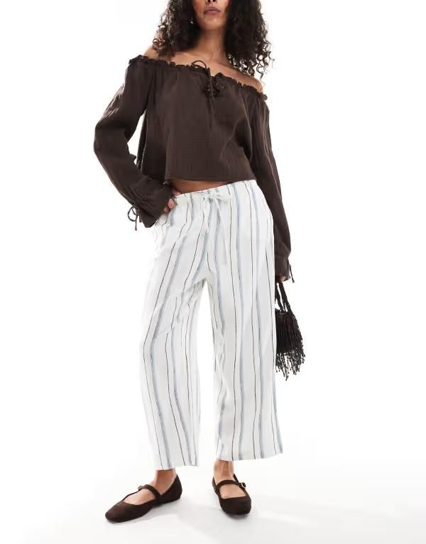 オンリー レディース ボトムス カジュアルパンツ ワイドレッグ パンツ リネン ONLY linen mix wide leg pants and blue stripe WHITE ホワイト