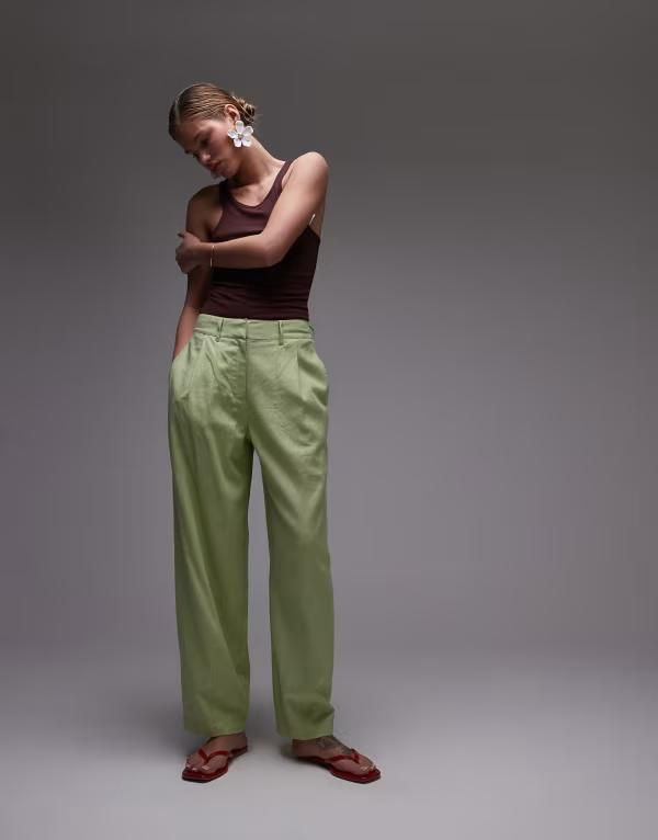 トップショップ レディース ボトムス カジュアルパンツ パンツ リネン Topshop linen ovoid pants in light Light green グリーン