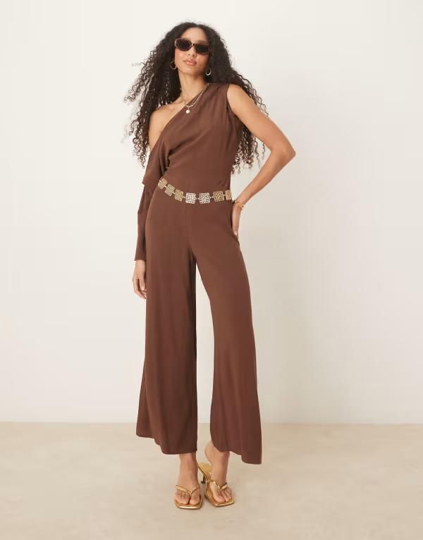 エイソス レディース トップス ジャンプスーツ リネン ASOS DESIGN linen mix fallen shoulder jumpsuit in chocolate Chocolate チョコレート