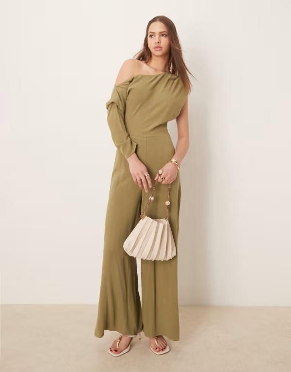 エイソス レディース トップス ワンピース ジャンプスーツ リネン ASOS DESIGN linen fallen shoulder jumpsuit Khaki カーキ