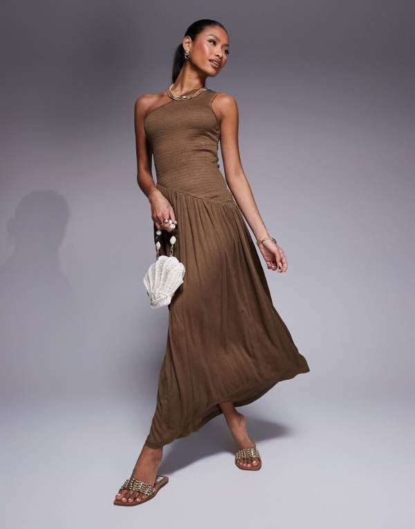エイソス レディース トップス ワンピース アシンメトリー ミディ ASOS DESIGN crinkle shirred bodice one shoulder asymmetric dropped waist midiaxi dress in chocol