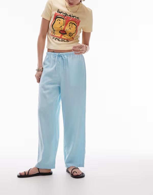 トップショップ レディース ボトムス カジュアルパンツ パンツ リネン Topshop mid rise linen awkward length pants in powder Powder blue ブルー