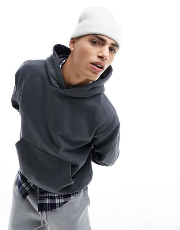 エイソス メンズ アウター パーカー・スウェット パーカー ASOS DESIGN heavyweight oversized hoodie in washed Dark Shadow ブラック