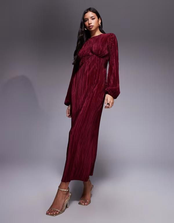 エイソス レディース トップス ワンピース マキシ ASOS DESIGN plisse long puff sleeve maxi dress in wine ワイン