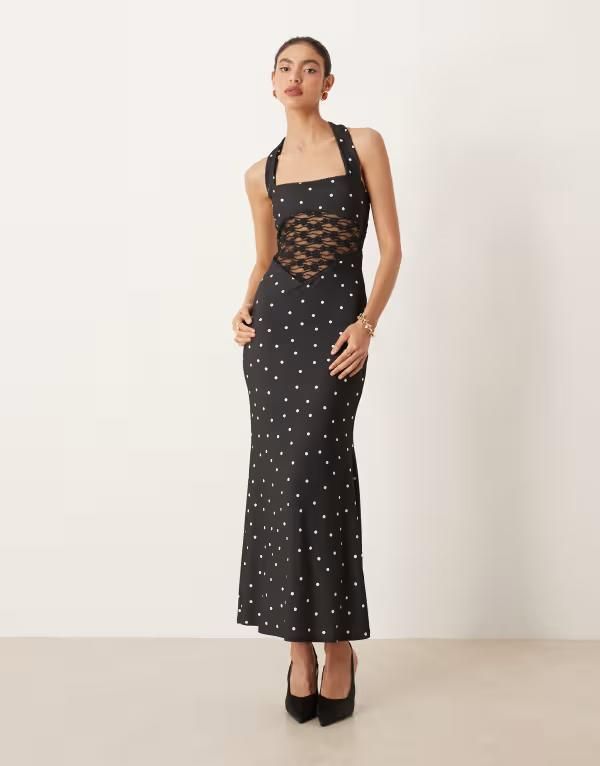エイソス レディース トップス ワンピース ドット柄 マキシワンピース ドット プリント レース マキシ ホルター ASOS DESIGN printed halter neck maxi dress with lace insert in polka dot