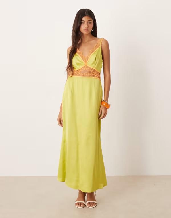 ネバーフリードレスド レディース トップス ワンピース レーストリム サテン レース Never Fully Dressed Mimi satin and lace trim slip midaxi dress in lime and orange GREEN