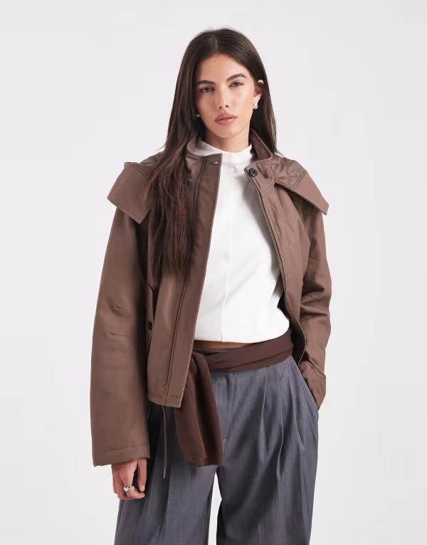 エイソス レディース アウター コート パーカー クロップド ASOS DESIGN cropped parka withood Brown ブラウン