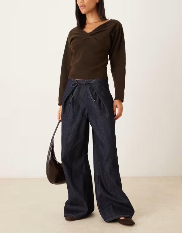エイソス レディース ボトムス デニムパンツ ジーンズ ASOS DESIGN foldover jeans with tie waist in indigo INDIGO インディゴ