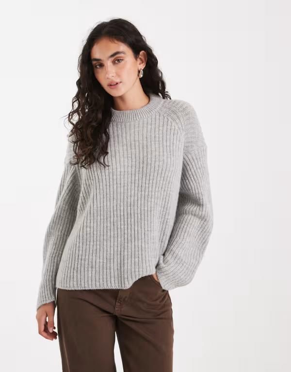エイソス レディース アウター ニット・セーター クルーネック リブ セーター ASOS DESIGN banana sleeve ribbed crew neck sweater in pale Pale Gray グレー
