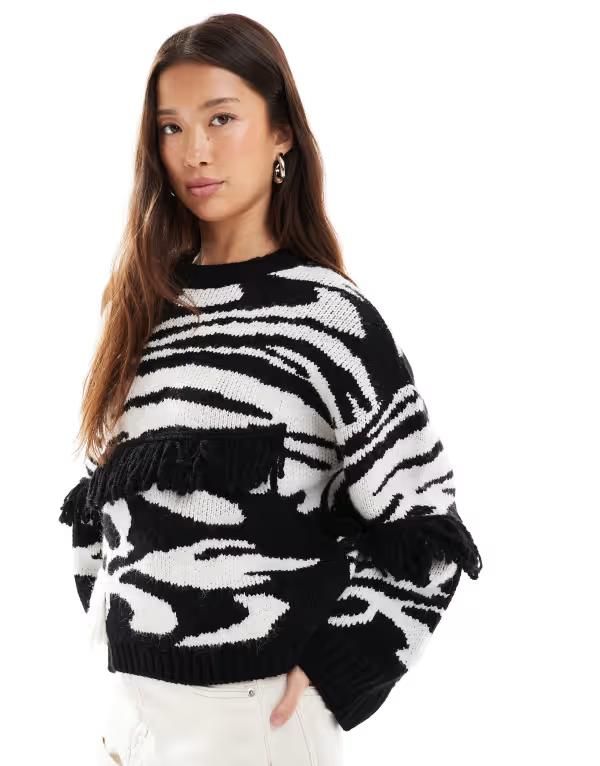 エイソス レディース アウター ニット・セーター セーター フリンジ ASOS DESIGN abstract pattern fringed sweater in mono Mono