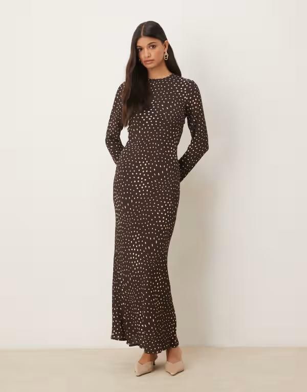 エイソス レディース トップス ワンピース クルーネック マキシワンピース マキシ ASOS DESIGN crew neck long sleeve maxi dress dot Brown Spot ブラウン