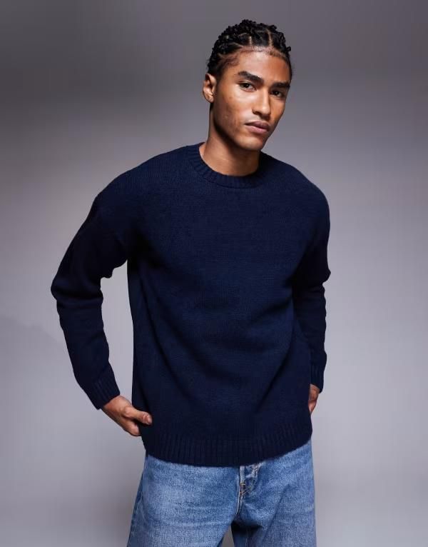 エイソス メンズ アウター ニット・セーター クルーネック セーター ニット ASOS DESIGN relaxed knit crew neck sweater NAVY ネイビー