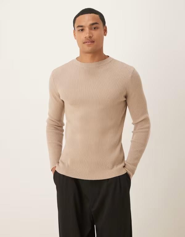 エイソス メンズ トップス Tシャツ リブニット シャツ ニット ASOS DESIGN muscle fit long sleeve compact rib knit tshirt ECRU エクリュ