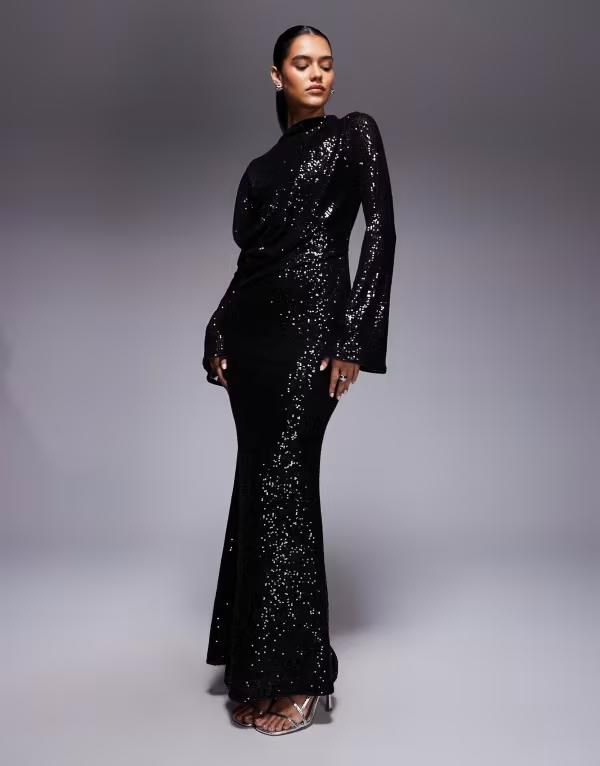 エイソス レディース トップス ワンピース マキシワンピース スパンコール マキシ ASOS DESIGN allover sequin long sleeve wrap front detail maxi dress Black ブラック