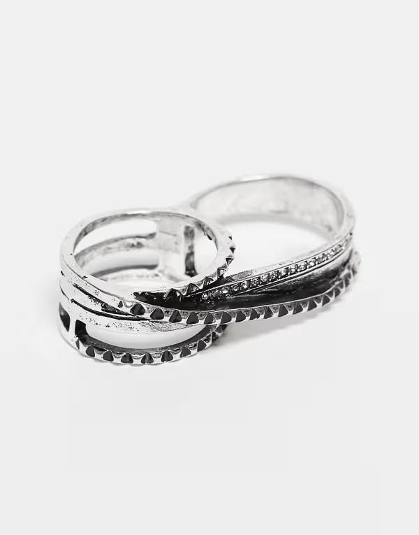 リクレイム ヴィンテージ レディース アクセサリー リング Reclaimed Vintage Unisex Halloween double ring with feather detail in burnished Silver シルバー