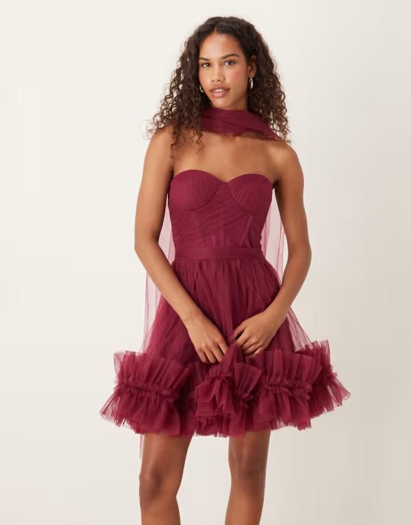 レース アンド ビーズ レディース トップス ワンピース チュール ミニワンピース ミニ Lace Beads scarf neck corset tulle mini dress in fig Fig