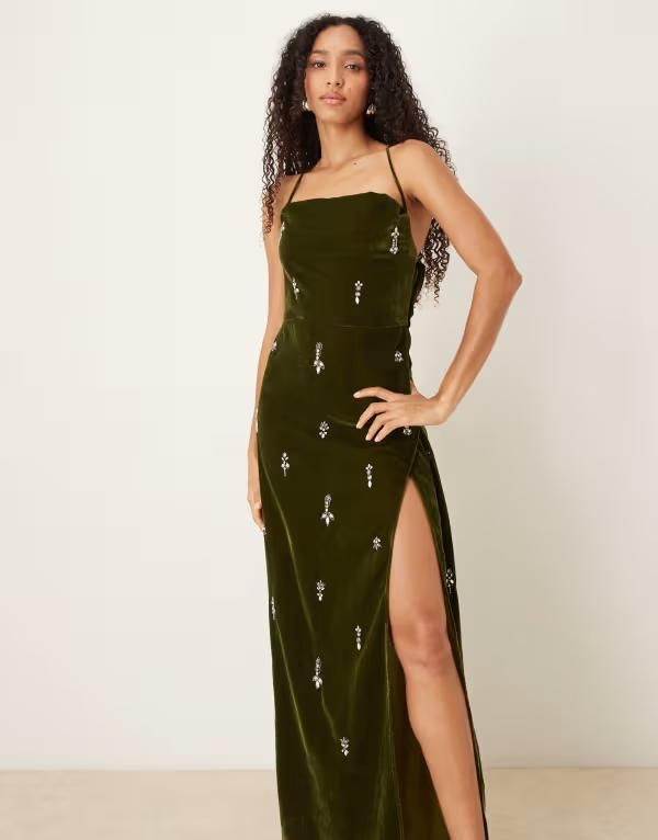 ホープ＆アイビー レディース トップス ワンピース マキシワンピース ベルベット マキシ Hope Ivy cowl neck embellished velvet maxi dress Khaki カーキ