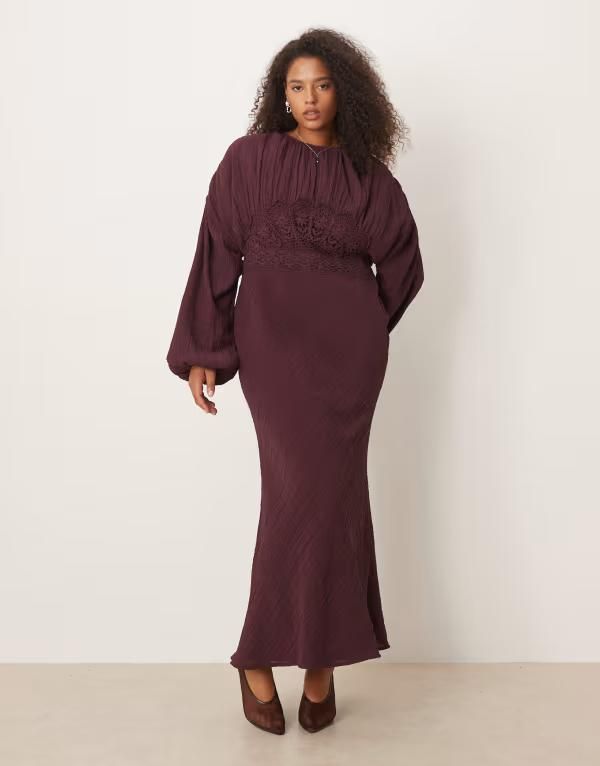 エイソス レディース トップス ワンピース クルーネック マキシワンピース レース マキシ ASOS Curve ASOS DESIGN Curve crew neck maxi dress with volume sleeve and lace bust d
