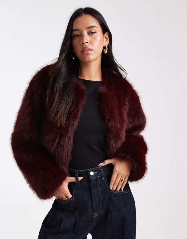 フォースレックレス レディース アウター ジャケット・ブルゾン クロップド ジャケット 4th Reckless faux fur cropped collarless jacket Burgundy バーガンディ