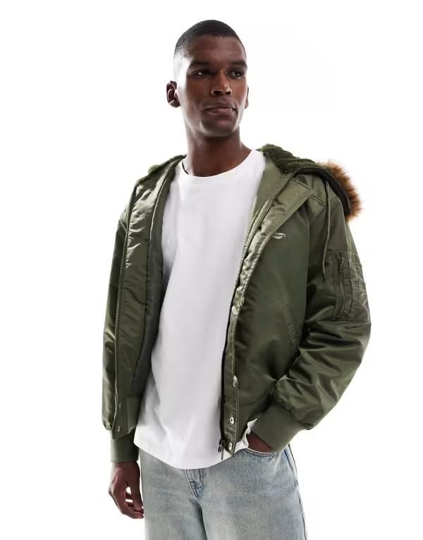 エイソス メンズ アウター ジャケット・ブルゾン ジャケット ASOS DESIGN oversized MA1 bomber jacket with faux fur hood GREEN グリーン