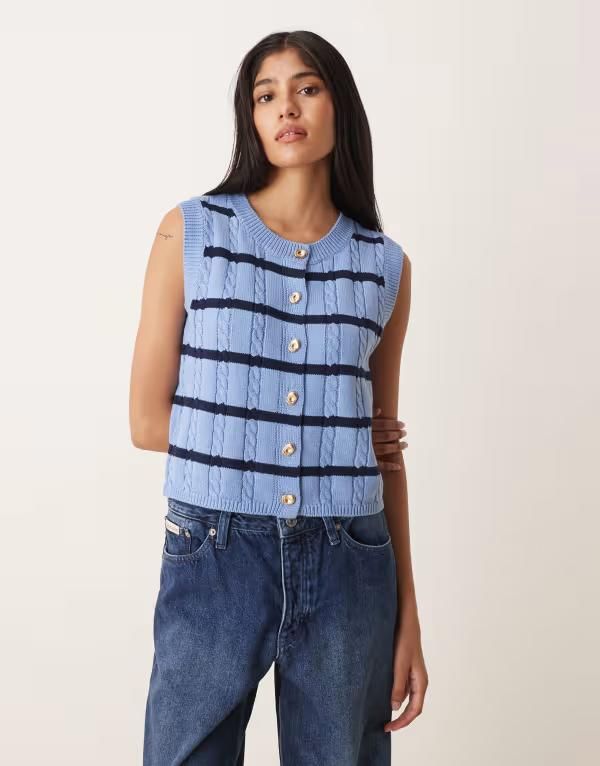 ヴィラ レディース トップス ベスト ニット Vila button front cable knit vest stripes FROZEN FJORD Stripes ストライプ