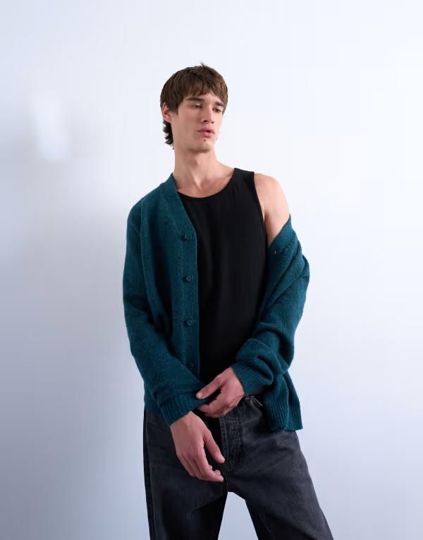 トップマン メンズ アウター カーディガン Vネック Topman oversized Vneck cardigan in dark DARK GREEN グリーン